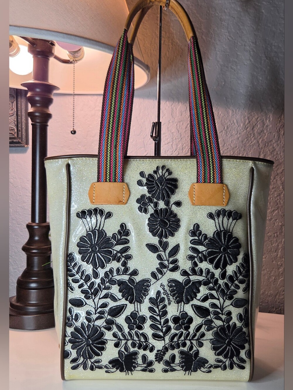 Consuela Krystal Chica Tote Silver Glitter Black Floral Embroidered Retired